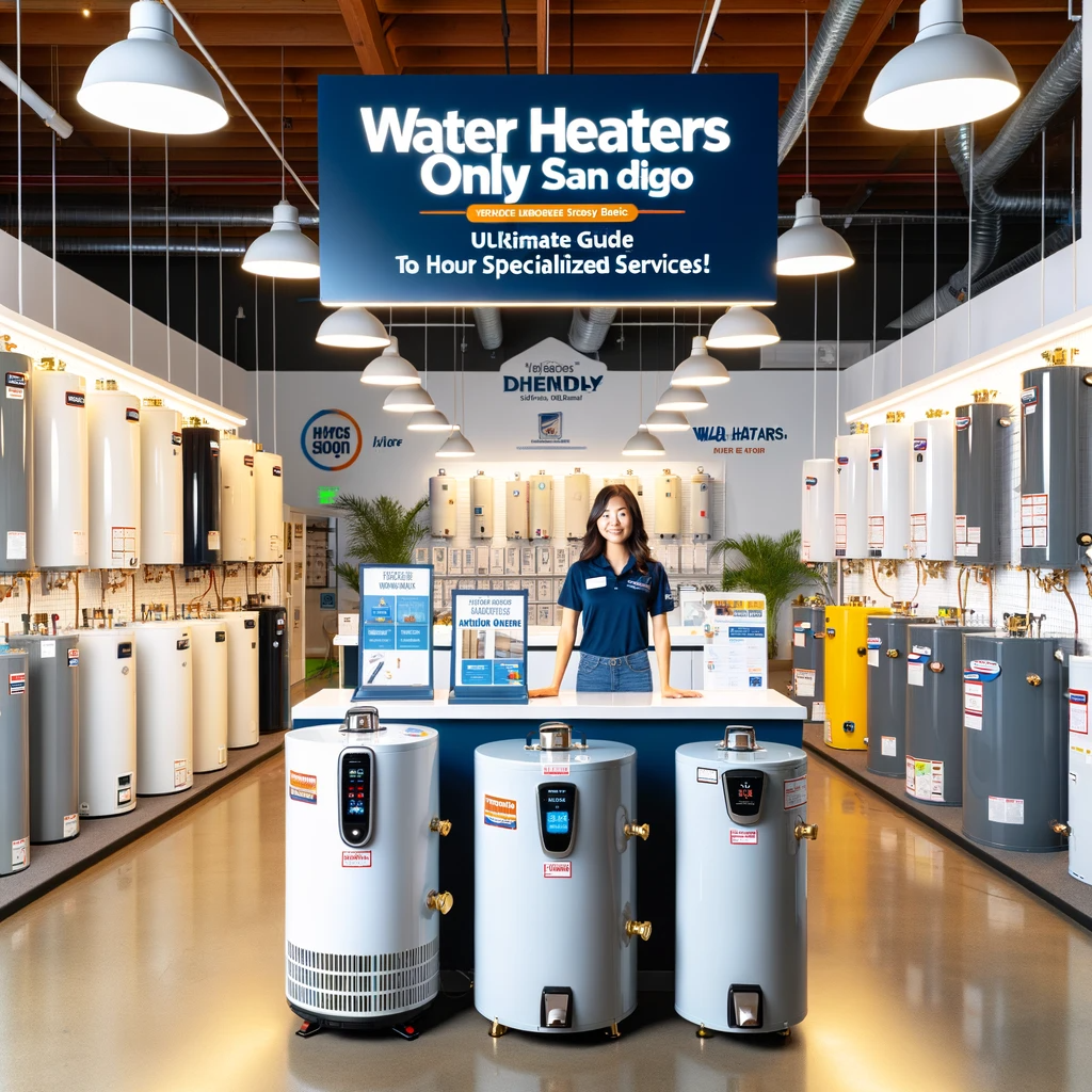 Modern showroom displaying a variety of water heaters with a sign reading "Water Heaters Only San Diego: Your Ultimate Guide to Specialized Services!" and a store associate of Asian descent ready to assist.