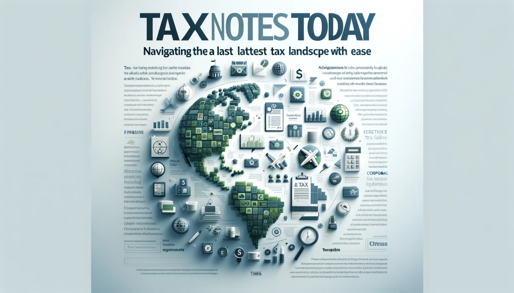 Graphic for 'Tax Notes Today', featuring a clean, business-oriented design with a globe surrounded by icons representing different tax aspects like income, corporate, and digital taxes, in a green and blue color scheme.