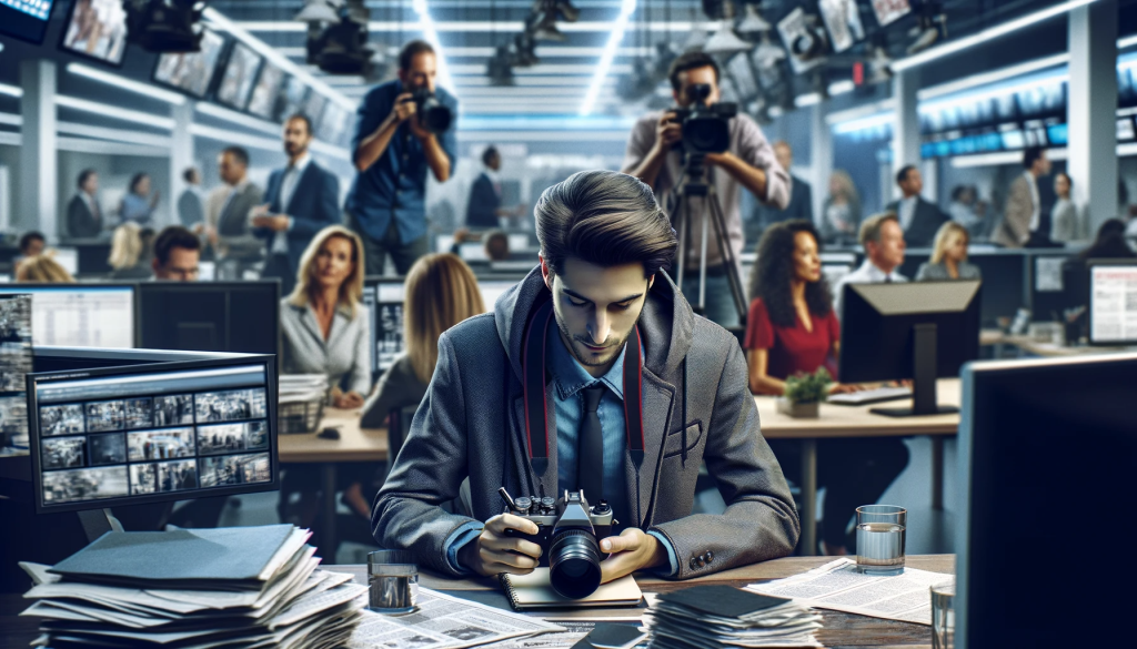 An undercover journalist with a camera and notepad discreetly capturing information in a bustling newsroom.